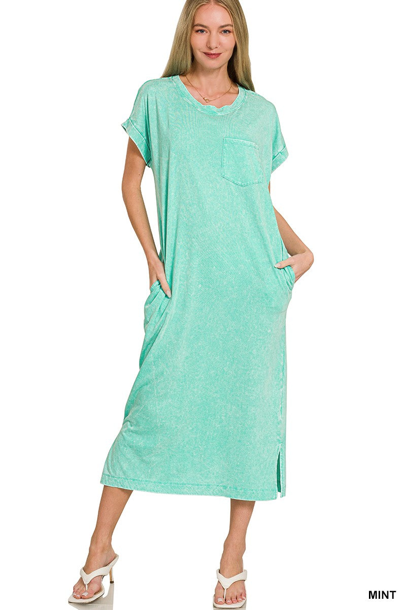 - Zenana Washed Exposed Seam Short Sleeve T-Shirt Dress