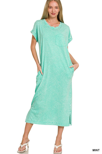  - Zenana Washed Exposed Seam Short Sleeve T-Shirt Dress