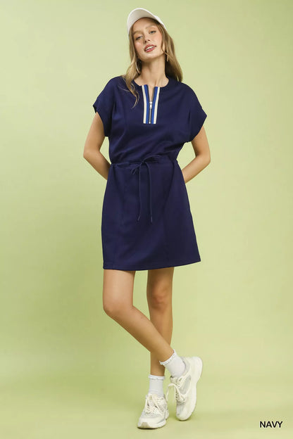  - Umgee Knit Zip Front Drawstring Dress