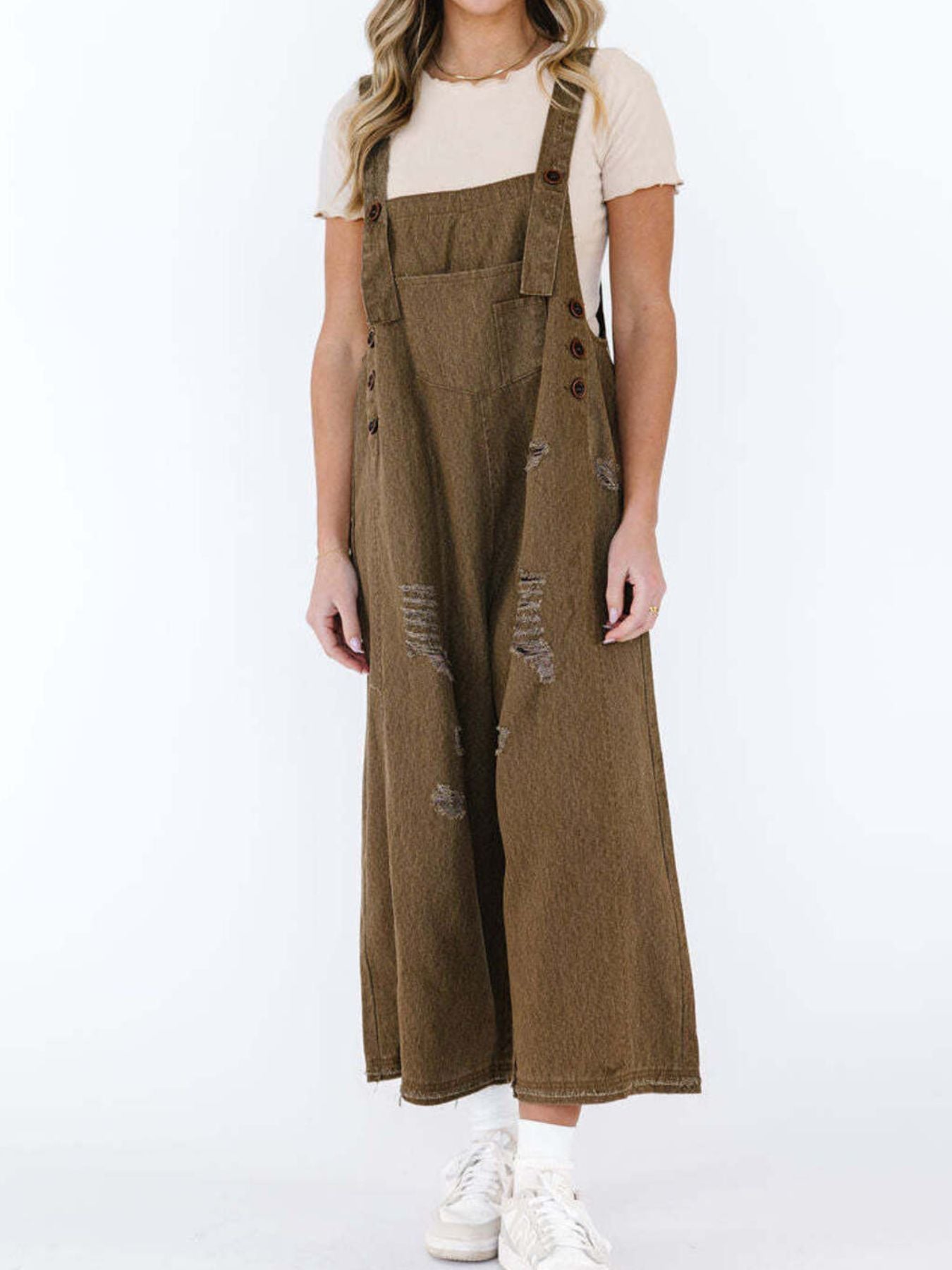  - Distressed Wide Leg Denim Overalls