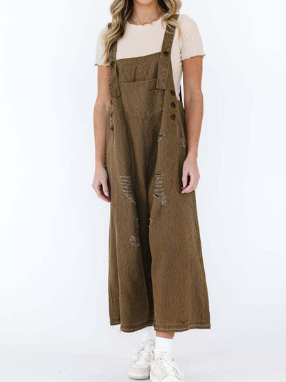 - Distressed Wide Leg Denim Overalls