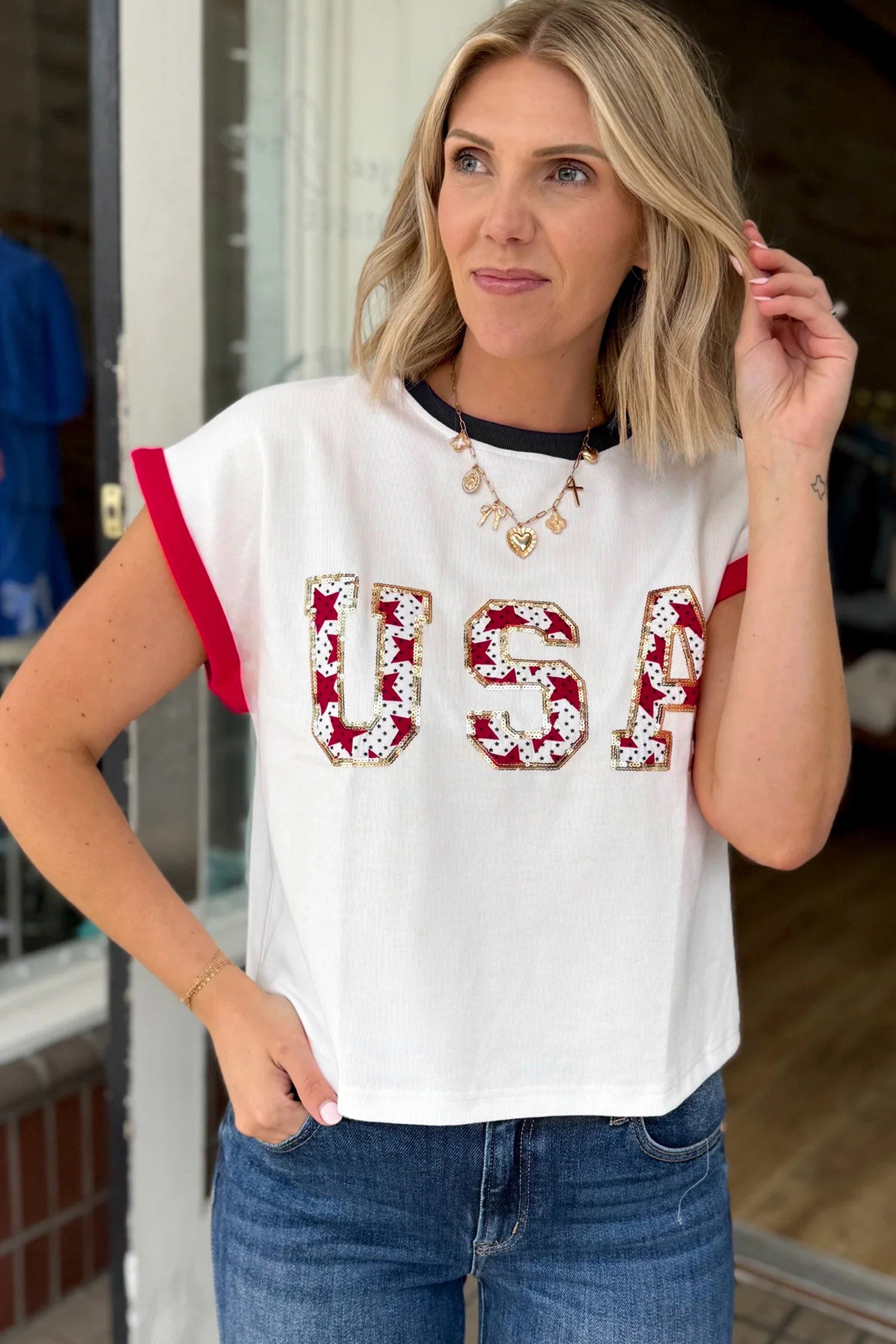 Tops & Tees - White USA Sequin Color Block Trim Loose T Shirt