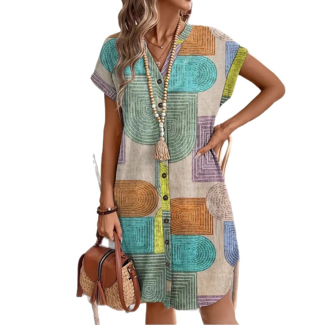 A-Line Dresses - Printed Woven Elegant V-neck Button Dress