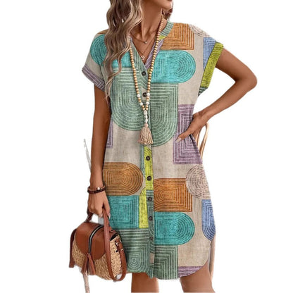 A-Line Dresses - Printed Woven Elegant V-neck Button Dress