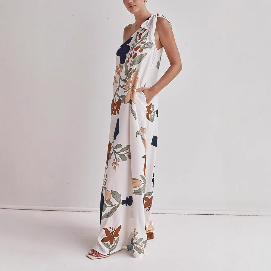 One Shoulder Dresses - Oblique Shoulder Printed Pocket Dress Loose
