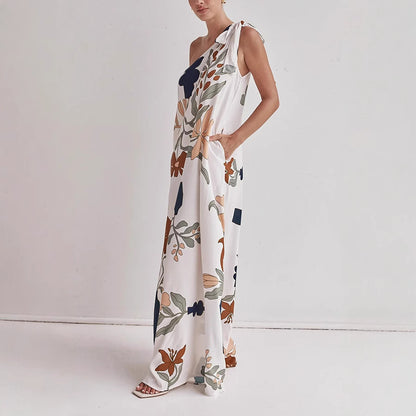 One Shoulder Dresses - Oblique Shoulder Printed Pocket Dress Loose