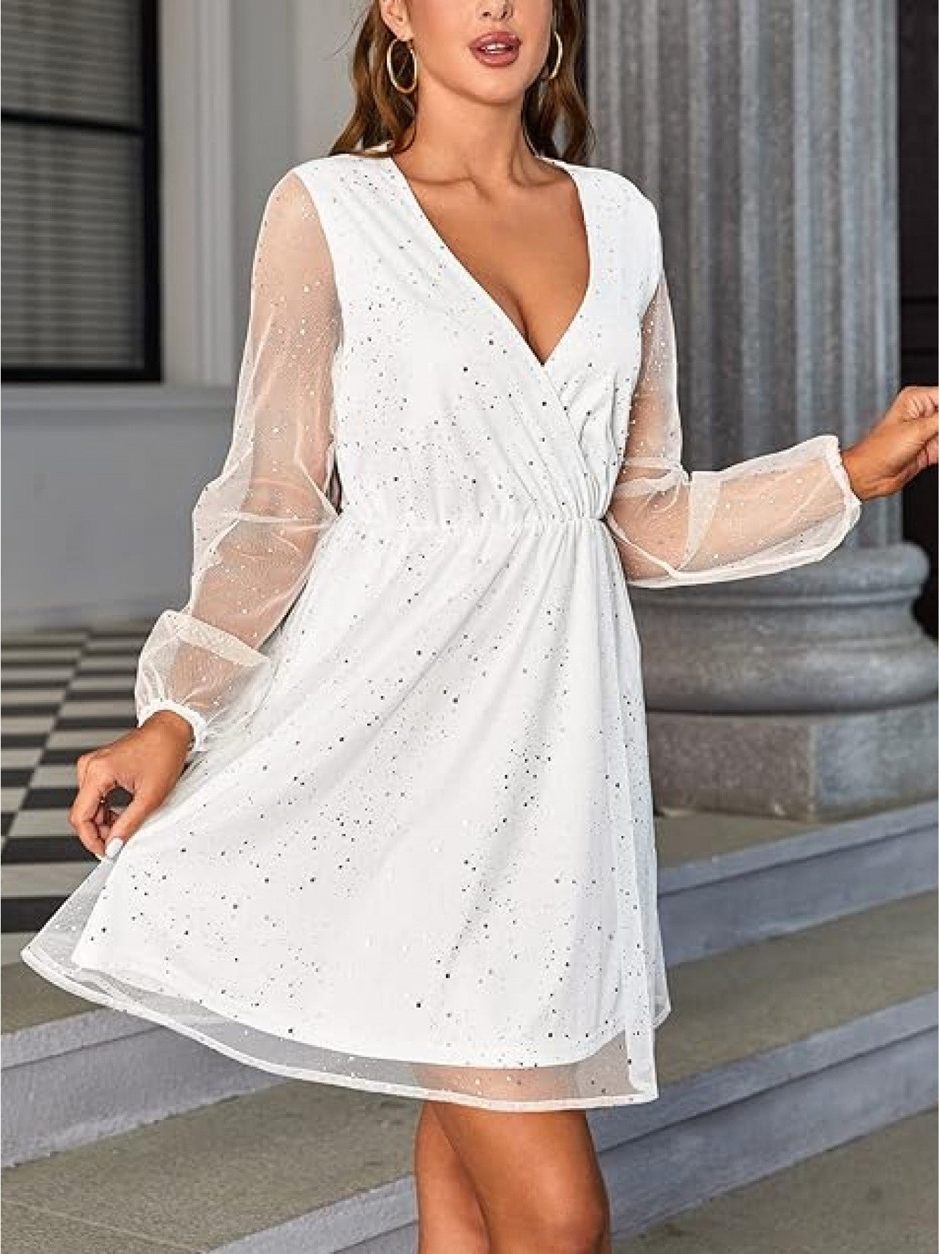Tulle Dresses - Sequined Long Sleeve Mesh V-neck Dress