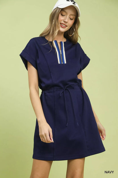  - Umgee Knit Zip Front Drawstring Dress