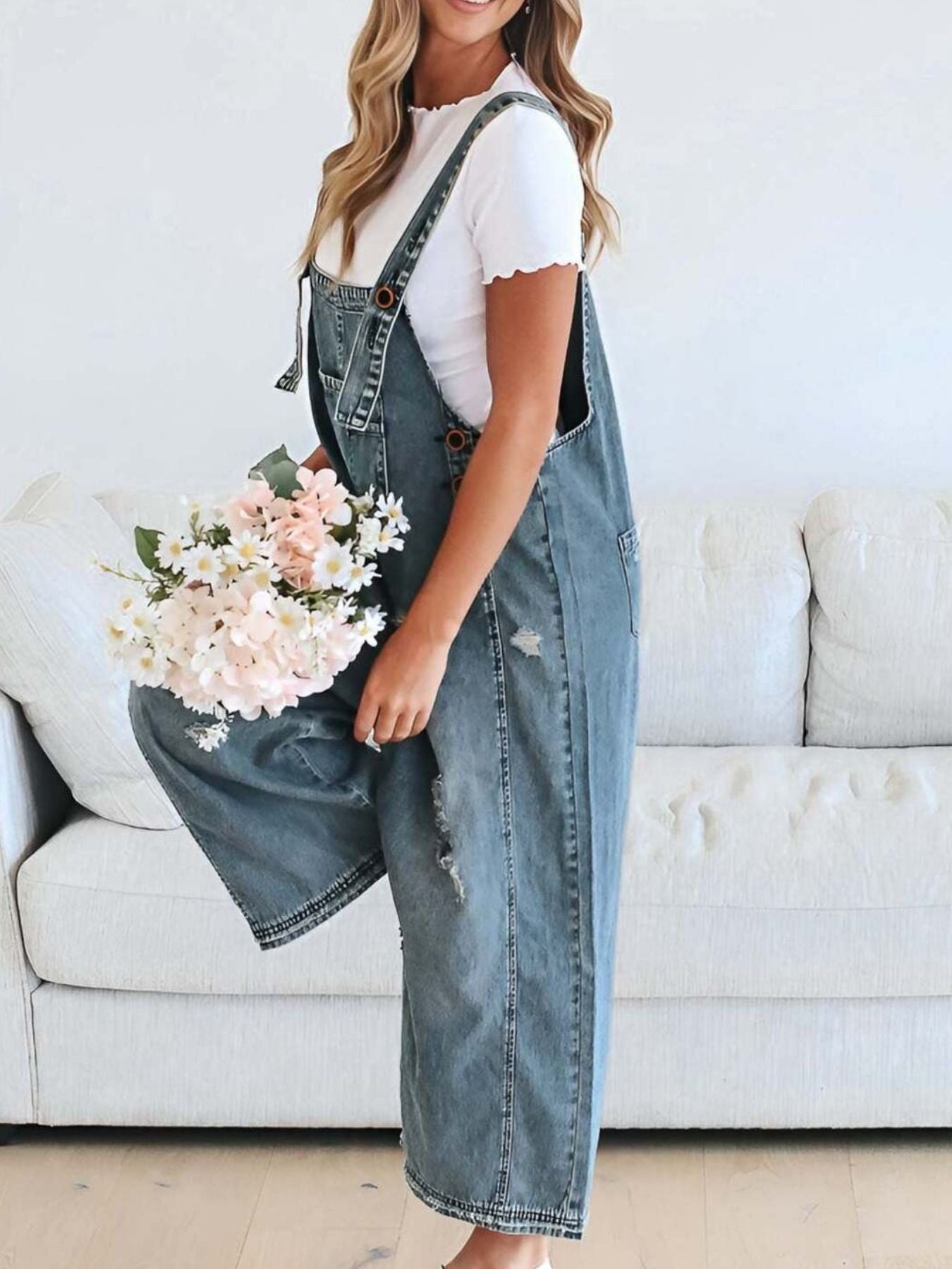  - Distressed Wide Leg Denim Overalls