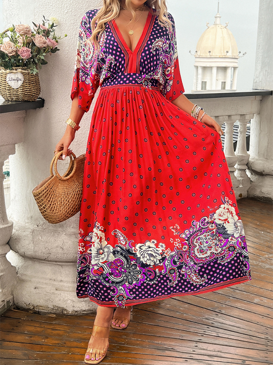 A-Line Dresses- Boho Roses Print A-Line Dress with Flowy Kimono Sleeves & Bowknot Back- Red- Pekosa Women Fashion