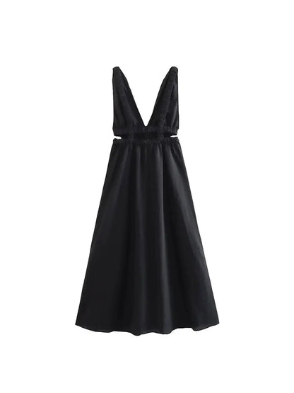 A-Line Dresses - Casual A-Line Dress with Side Cutouts and Smocked Straps