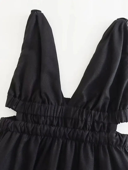 A-Line Dresses - Casual A-Line Dress with Side Cutouts and Smocked Straps