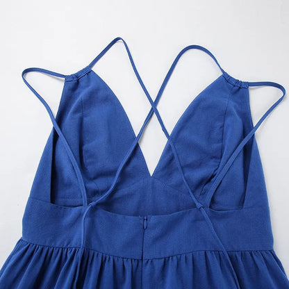A-Line Dresses - Blue Backless Maxi Dress with Ruffle Hem