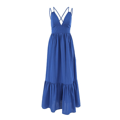 A-Line Dresses - Blue Backless Maxi Dress with Ruffle Hem