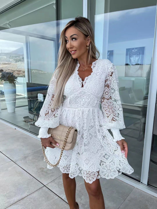 A-Line Dresses - Lace Cocktail Dress with Lantern Sleeves