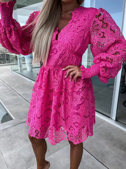 A-Line Dresses - Lace Cocktail Dress with Lantern Sleeves