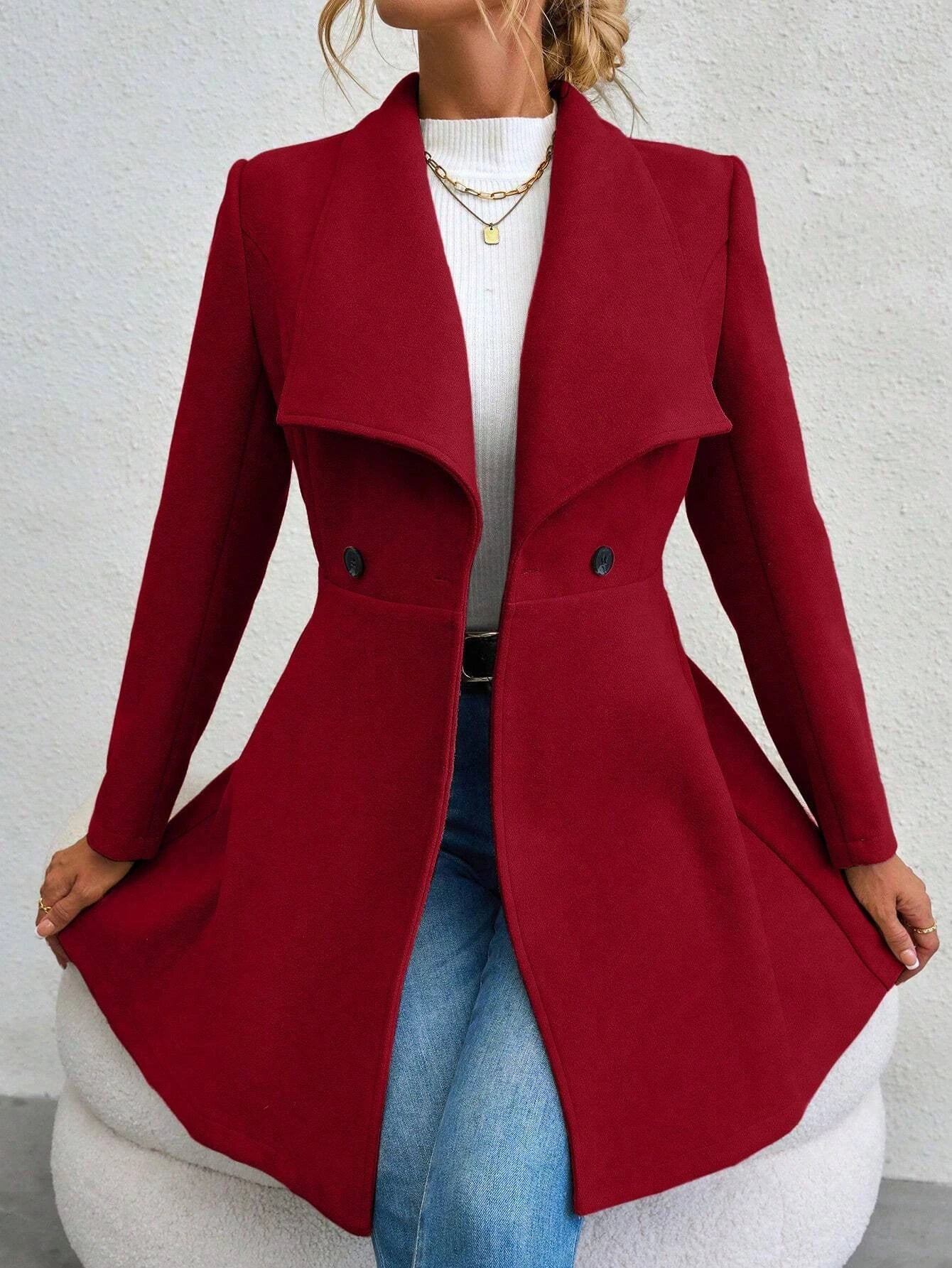 Trench Coats - Coats Winter Solid Color Long Sleeve Lapel Button-Up Work Coats New Year Red Valentine's Day Gift Outerwears