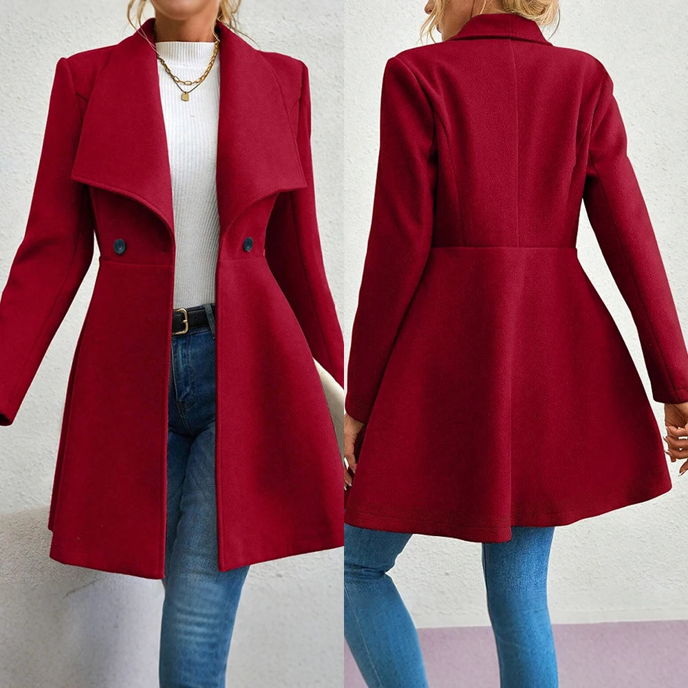 Trench Coats - Coats Winter Solid Color Long Sleeve Lapel Button-Up Work Coats New Year Red Valentine's Day Gift Outerwears