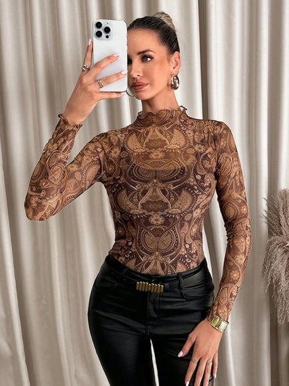 Animal Print Tops - High Frill Neck Leopard Print Top Blouse