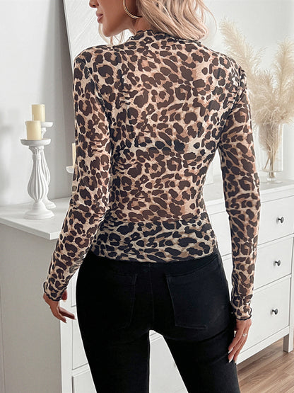 Animal Print Tops - High Frill Neck Leopard Print Top Blouse