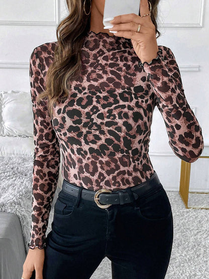 Animal Print Tops - High Frill Neck Leopard Print Top Blouse