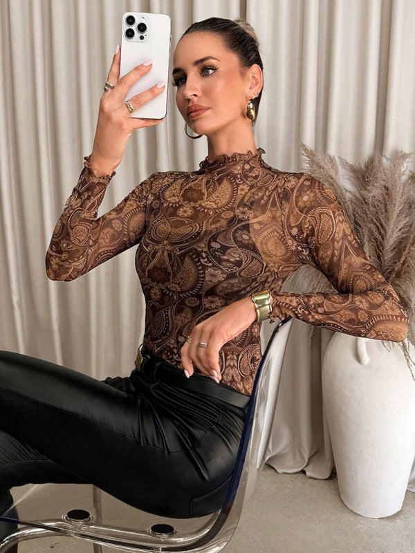 Animal Print Tops - High Frill Neck Leopard Print Top Blouse