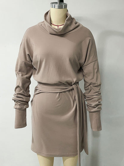 Autumn Dress - Turtleneck Belt Tie Mini Dress for Women