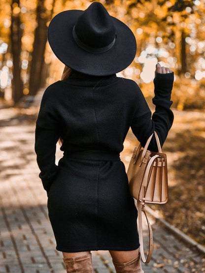 Autumn Dress - Turtleneck Belt Tie Mini Dress for Women