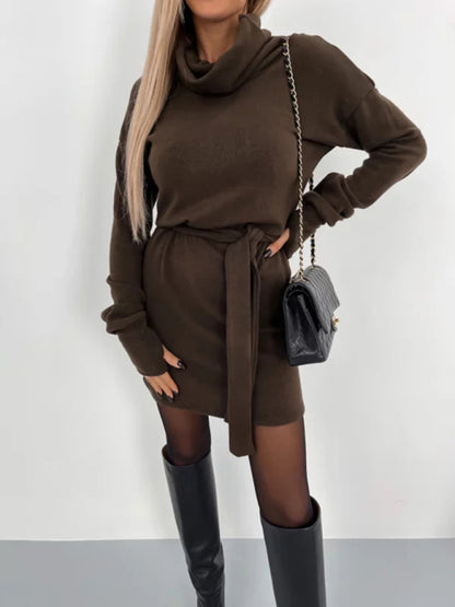 Autumn Dress - Turtleneck Belt Tie Mini Dress for Women