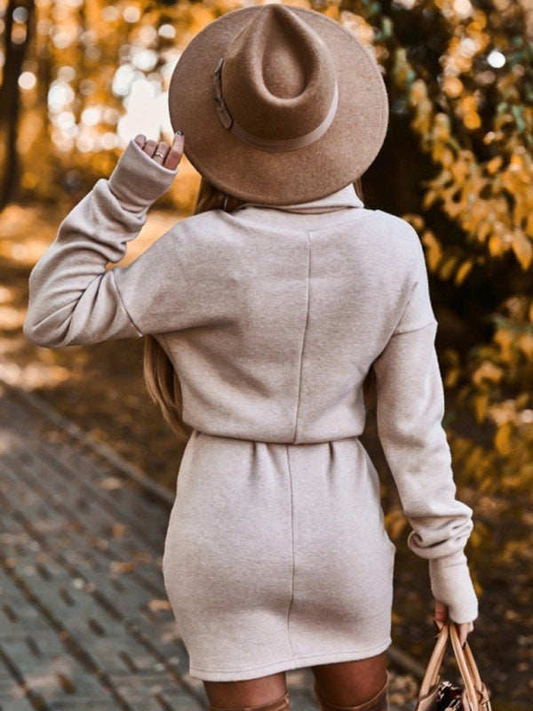 Autumn Dress - Turtleneck Belt Tie Mini Dress for Women