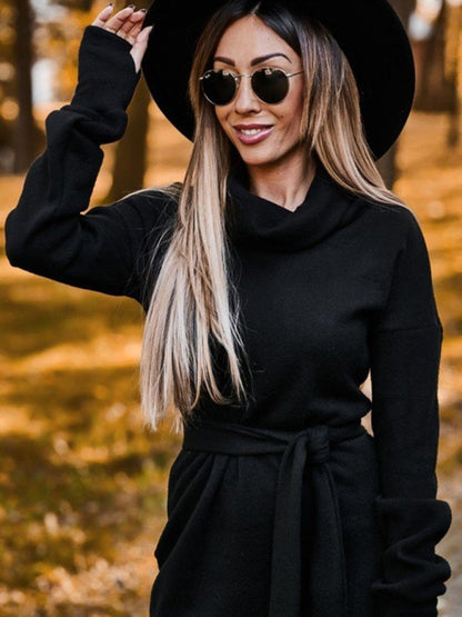 Autumn Dress - Turtleneck Belt Tie Mini Dress for Women
