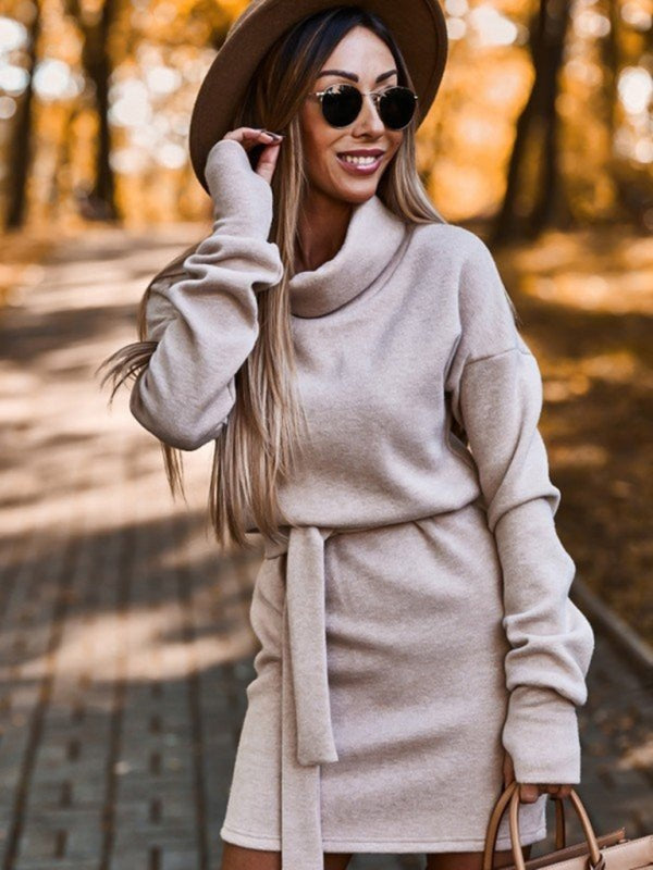 Autumn Dress - Turtleneck Belt Tie Mini Dress for Women