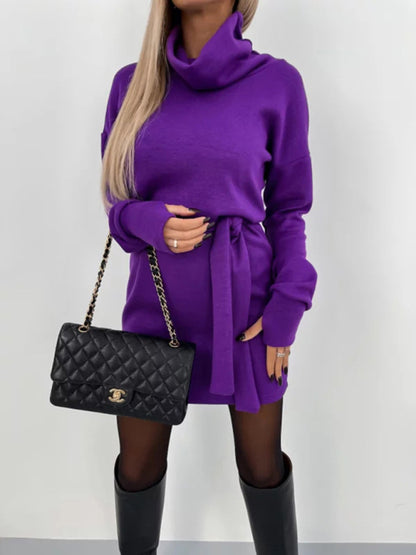 Autumn Dress - Turtleneck Belt Tie Mini Dress for Women
