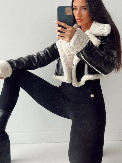 Aviator Jackets- Modern Cropped Leather Jacket with Cozy Faux Fur Lining- - Pekosa Women Fashion