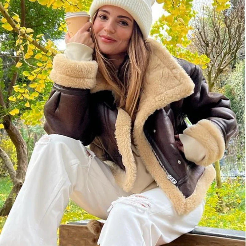 Aviator Jackets- Winterwear Women's PU Faux Leather Aviator Jacket- Brown- Pekosa Women Fashion