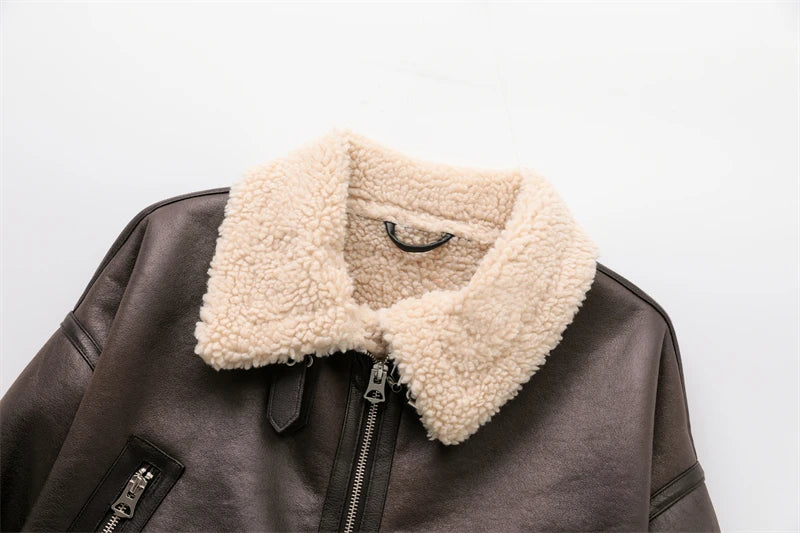 Aviator Jackets- Women Faux Leather Aviator Jacket with Sherpa Lining- - Pekosa Women Fashion