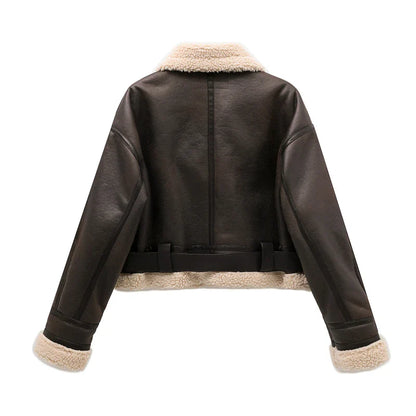 Aviator Jackets- Women Faux Leather Aviator Jacket with Sherpa Lining- - Pekosa Women Fashion