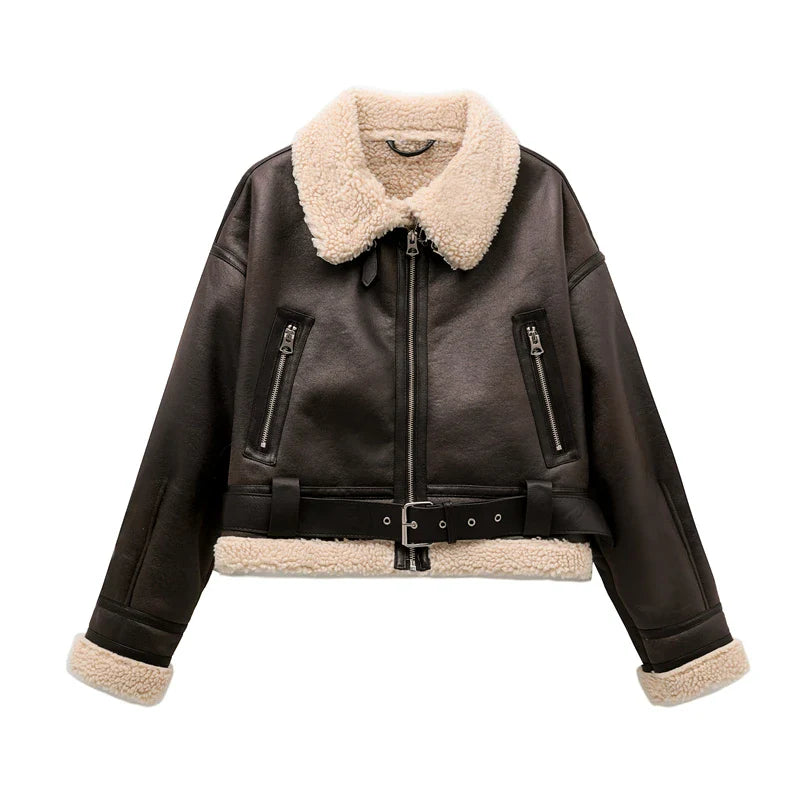 Aviator Jackets- Women Faux Leather Aviator Jacket with Sherpa Lining- Brown- Pekosa Women Fashion