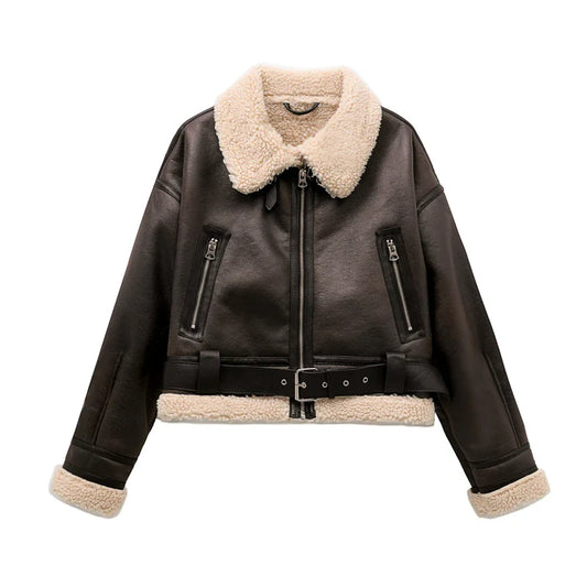 Aviator Jackets- Women Faux Leather Aviator Jacket with Sherpa Lining- Brown- Pekosa Women Fashion