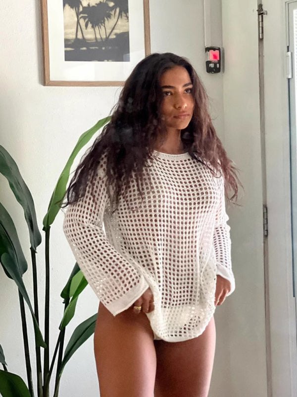 Beach Cover Up - Casual Summer Hollow Knit Beach Top - Long Sleeve Cover-Up