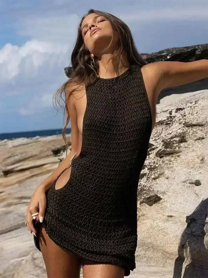 Beach Dresses - Beach Knit Cover-Up Dress with Cutouts