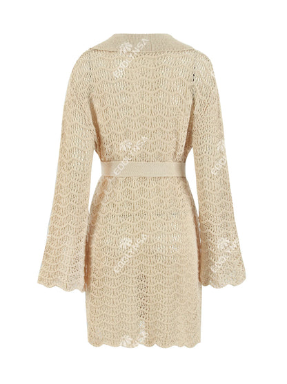 Beach Dresses - Knit Cover-Up Beach Dress with Belted Waist for Vacations