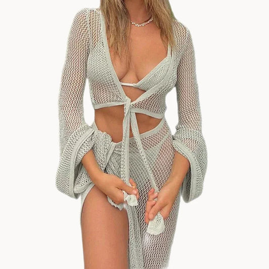 Beach Outfits- Women Wrap Knit Top & Skirt Beach Cover-Up Set- - Pekosa Women Fashion