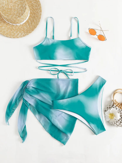 Bikini 3 Pcs Suit Set - Sunset Lace-Up 3 Pcs Swim Set