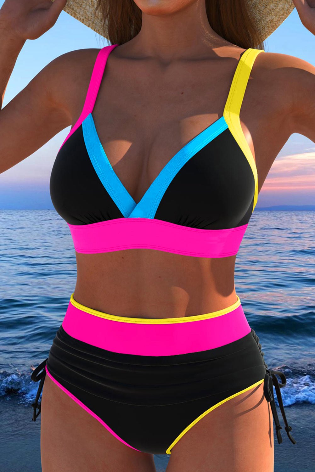 Bikinis - High-Waist Color Block Bikini for Tropical Getaways