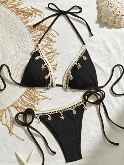 Bikinis - Women’s String Bikini with Decorative Sea Motifs