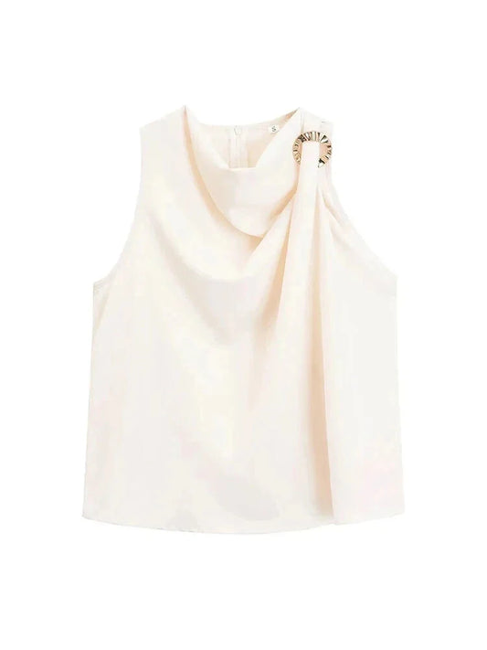 Blouses- Draped Cowl Neck Sleeveless Top with Ring Side- - Chuzko Women Clothing