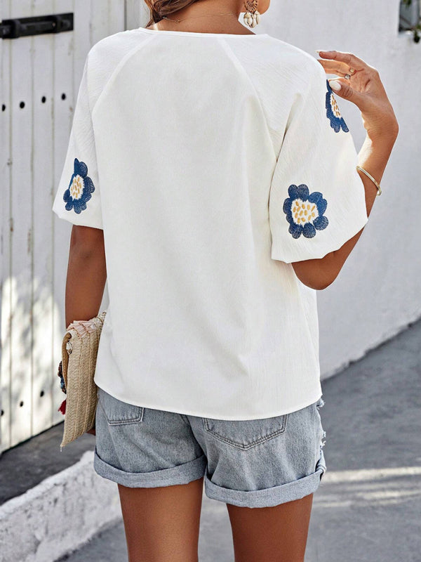 Blouses - Floral Embroidered V-Neck Top for Women