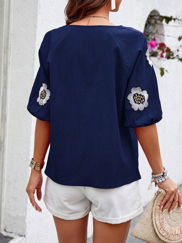 Blouses - Floral Embroidered V-Neck Top for Women