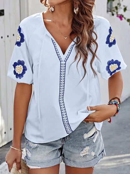 Blouses - Floral Embroidered V-Neck Top for Women